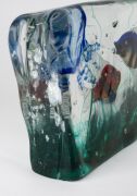ALFREDO BARBINI (1912-2007) large aquarium glass fish block with three fish and a jellyfish, made from three layered slab of clear glass and housed on bespoke illuminating base, for VETRERIA ALFREDO BARBINI, circa 1950, (A/F), 17cm high, 35cm long, 6cm de - 6