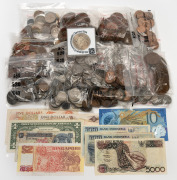 Australian and World coins in a small box plus several banknotes. Approx. weight 4.3kg.