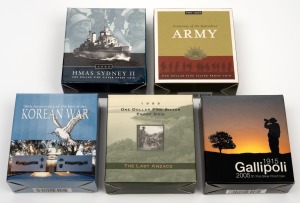 $1 SILVER PROOFS: Group of five RAM coins, all in presentation cases with box and CoA, comprising 1999 "The Last Anzacs", 2000 "HMAS Sydney II", 2001 "Centenary of the Australian Army", 2003 "50th Anniversary of the End of the Korean War", and 2005 "Gallipoli". (5 items)