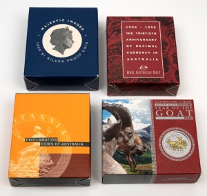 $1 SILVER PROOFS: Group of four 1oz coins, all in presentation cases with box and CoA, comprising RAM 1996 "30th Anniversary Of Decimal Currency - 14 February 1996", RAM 1999 "Majestic Images", RAM 2000 "Proclamation Coins Of Australia", and Perth Mint 2015 "Year Of The Goat" (gilded). (4 items)