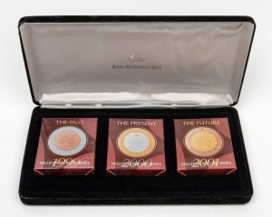 1999-2001 MILLENNIUM COIN SERIES: Group of three RAM coins, all in original cases with box and CoA, comprising 1999 "The Past", 2000 "The Present" and 2001 "The Future"; all gathered into matching larger case.