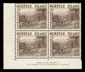 NORFOLK ISLAND: 1953 (SG.13-18) 3&frac12;d - 5/- Pictorials, complete set in Authority Imprint blks.4, superb MUH. (24).