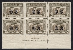 1931 (SG.139a) 6d sepia AIRMAIL SERVICE, Ash Imprint blk.6) overprinted OS; fresh MUH and very well centred.