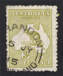 Kangaroos - First Watermark: 3d Olive (Die 1) watermark inverted single, with fine "15 JY 15 [B]RANDON" Queensland cds.