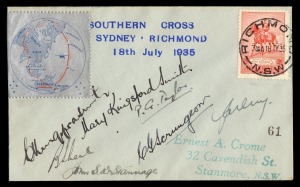 Aerophilately & Flight Covers: The Last Flight of the "Southern Cross" 18 July 1935 (AAMC.515) a cover (#61) carried from Mascot to Richmond, with special vignette showing the route the aeroplane had followed around the world; signed by Charles Kingsford 