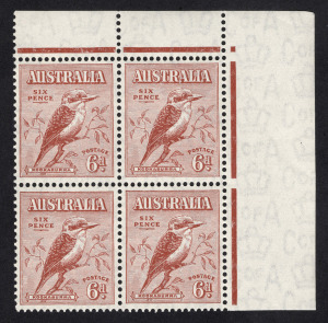 1932 (SG.146) 6d Typographed Kookaburra, upper right cnr.blk.(4), one unit (R12) with constant variety "Broken top to d in 6d", superb MUH.
