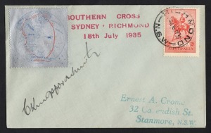 Aerophilately & Flight Covers: The Last Flight of the "Southern Cross" 18 July 1935 (AAMC.514) a cover carried from Mascot to Richmond, with special vignette showing the route the aeroplane had followed around the world; signed by Charles Kingsford Smith.