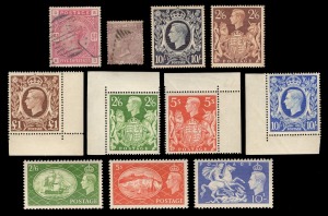 GREAT BRITAIN: 1867 6d lilac (SG.104) Used; 1884 5/- rose (SG.180) well centred Used; 1939-48 KGVI high values (SG.476-478c) MUH/M (2/6 brown & 10/- dark blue with tropicalized gum); 1951 KGVI 2/-, 5/- & 10/- Mint. (11).
