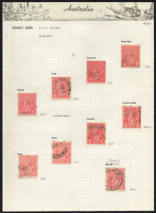 KGV Heads - Collections & Accumulations: A range on annotated album pages, with 1d Reds - shades and varieties, 1d Greens - varieties; and 1&frac12;d Reds - varieties. (Total: 44).