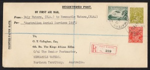 Aerophilately & Flight Covers: 19 Feb.1930 (AAMC.152a) Daly Waters - Newcastle Waters flown registered cover carried by A.A.S. to link with the newly established Qantas service from Brisbane; eventually returned to Daly Waters on 25 Aug.1930. Cat.$400+. T