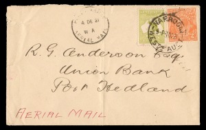 Aerophilately & Flight Covers: 4 December 1921 (AAMC.56b) (Narrogin) - Perth - Port Hedland cover, carried by W.A.A. to Geraldton and per the S.S.Bambra to Port Hedland, with arrival backstamp of 17th Dec.; "PERTH DERBY AERIAL MAIL" handstamp on front. Ca