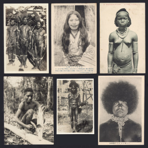 POSTCARDS: INDIGENOUS PEOPLES: An album in slipcase containing 220+ c. 1940s postcards and original photographs, apparently assembled by the scholarly-looking Japanese gentleman who can be seen posing in several of the images, mainly featuring the Ainu people of Northern Japan, as well as Maori, Papuans, Pacific Islanders, and others; the WWII-era Konan POW Camp also appears.
