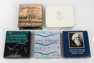 $1 SILVER PROOFS: Group of four RAM coins (sterling), all in presentation cases with box and CoA, comprising 1993 "Landcare Australia", 1994 Commemorative Mob of Roos, 1995 "Walzing Matilda", and 1996 "Father of Federation", plus Sydney 2000 1oz 99.99% silver medallion in case. (5 items)