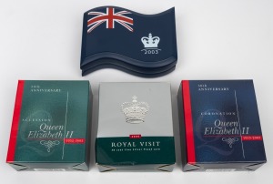 SILVER PROOFS - FIFTY CENTS: Group of three RAM coins, all in presentation cases with box and CoA, comprising 2000 "Royal Visit", 2002 "QEII Accession 50th Anniversary", and 2003 "QEII Coronation 50th Anniversary", plus Perth Mint 2003 $1 "Golden Jubilee Of Coronation". (4 items)