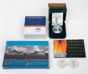 SILVER PROOFS: Group of coins, all in presentation cases with box and CoA, comprising RAM 2001 $5 "Sir Donald Bradman", RAM 2004 $5 "Sydney To Athens", Perth Mint 2008 "HMAS Sydney II HSK-8 Kormoran" coin/medallion/badge set, plus two 1996 "Australia's Ol