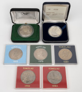 NEW ZEALAND: TOKELAU: 1978 "Breadfruit" silver $1 Tahi Tala and 1983 "Water Conservation" silver $5 Lima Tala, both in presentation cases, together with 1978, 1979, 1981, 1982, and 1983 copper-nickel $1 Tahi Talas. (7 items)