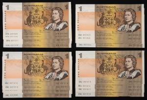 1982 ONE DOLLAR (R.78) Johnston/Stone, consecutive runs of 4, 10, 20 and 83, all Unc. (117).