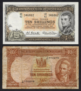 TEN SHILLINGS, 1961 (R.17) Coombs/Wilson, Reserve Bank, AH/62 346862, Unc. Also, a New Zealand 10/- banknote (P-158) in poor condition. (2 items).