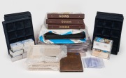 A plastic tub filled with pocket pages for coins/trading cards/cigarette cards (large quantity), coin albums, album card pages, coin holders, plush coin trays, top-loader card sleeves, and more. Inspection will reward. (qty.)