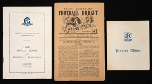 GEELONG PREMIERS: Group of three items comprising 1951 South Australian Football Budget detailing S.A. Second Eighteen v. Geelong match, 1952 Geelong Annual Report And Financial Statement (Premiership year), and 1960s Geelong VFL Reserve Premiers team photograph in Players Album.