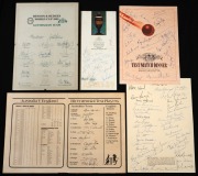 Group comprising an unusual printed team sheet for the 1988 Bicentennial Test, mounted on board; signed September 1989 ACB Ashes Victory Dinner menu; signed September 1991 menu for a dinner the Hyatt Regency Adelaide in honour of P.L. Ridings; signed Bens