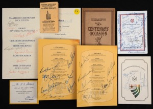 SIGNED MENUS: Group of five comprising 1993 Kent Park Taverners Annual Banquet, 1994 World Series Welcome Banquet, 2002 MCC Captains' Luncheon, and 2004 Bradman Luncheon (x2), with many signatures including those of Ian Redpath, Bob Cowper, Bill Lawry, plus three other printed items. (8 items)