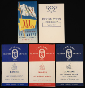 BALLARAT OLYMPIC VILLAGE: Rare group of ephemera preserved by the Village's commandant F.H. Christison, comprising "1956 Information Booklet - Olympic Village Ballarat", "XVIth Olympiad - Rowing And Canoeing Events - Ballaarat", 1956 official rowing programmes (23rd and 27th November), and 1956 official canoeing programme (30th November - 1st December). (5 items)