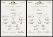 Official ACB team sheets headed "1995 Coca-Cola Australian Cricket Tour Of West Indies", signed by Mark Taylor, Ian Healy, Greg Blewett, Shane Warne, Craig McDermott, and others. (2 examples)