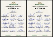 Official ACB team sheets headed "Carlton & United Series 1997/98 - Australia", signed by Steve Waugh (captain), Shane Warne (vice-captain), Michael Bevan, Adam Dale, Adam Gilchrist, Ricky Ponting, and others. (2 examples)