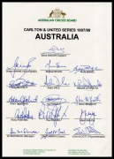 Official ACB team sheets headed "Carlton & United Series 1997/98 - Australia", signed by Steve Waugh (captain), Shane Warne (vice-captain), Michael Bevan, Adam Dale, Adam Gilchrist, Ricky Ponting, and others. (2 examples) - 2