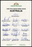 Official ACB team sheets headed "Carlton & United Series 1997/98 - Australia", signed by Steve Waugh (captain), Shane Warne (vice-captain), Michael Bevan, Adam Dale, Adam Gilchrist, Ricky Ponting, and others. (2 examples) - 3