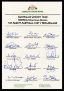 Official ACB team sheets headed "Australian Cricket Team 1997/98 International Season - 1st Ansett Australia Test V New Zealand", with signatures of Mark Taylor, Steve Waugh, Matthew Elliot, Glenn McGrath, Ricky Ponting, Shane Warne, and others. (2 exampl - 2