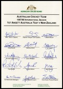 Official ACB team sheets headed "Australian Cricket Team 1997/98 International Season - 1st Ansett Australia Test V New Zealand", with signatures of Mark Taylor, Steve Waugh, Matthew Elliot, Glenn McGrath, Ricky Ponting, Shane Warne, and others. (2 exampl - 3