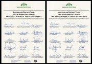 Official ACB team sheets headed "Australian Cricket Team 1997/98 International Season - 3rd Ansett Australia Test V South Africa", with signatures of Mark Taylor, Steve Waugh, Matthew Elliot, Michael Kasprowicz, Ricky Ponting, Shane Warne, and others. (2 
