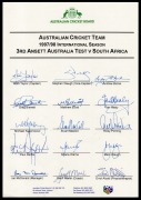 Official ACB team sheets headed "Australian Cricket Team 1997/98 International Season - 3rd Ansett Australia Test V South Africa", with signatures of Mark Taylor, Steve Waugh, Matthew Elliot, Michael Kasprowicz, Ricky Ponting, Shane Warne, and others. (2 - 2