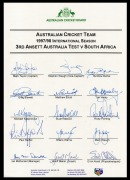 Official ACB team sheets headed "Australian Cricket Team 1997/98 International Season - 3rd Ansett Australia Test V South Africa", with signatures of Mark Taylor, Steve Waugh, Matthew Elliot, Michael Kasprowicz, Ricky Ponting, Shane Warne, and others. (2 - 3