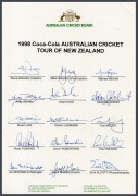 Official ACB team sheet headed "1998 Coca-Cola Australian Cricket Tour Of New Zealand", with signatures of Steve Waugh, Mark Waugh, Michael Bevan, Adam Gilchrist, Ricky Ponting, and others.