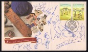 CENTENARY OF SHEFFIELD SHIELD CRICKET 1992-93: An October 1992 first day cover bearing the 45c and $1.20 stamps issued for the occasion, signed by Australian test cricketers including Allan Border, Mark Taylor, Ian Healy, Merv Hughes, David Boon, Damien M