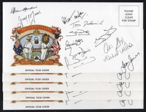 200th ANNIVERSARY AUSTRALIA-ENGLAND CRICKETING LINKS: Five fully-signed but unstamped souvenir covers, each bearing twelve original signatures including those of Allan Border, Geoff Marsh, Peter Taylor, Tony Dodemaide, David Boon, Mike Whitney, and Dean Jones. (5 identical items)