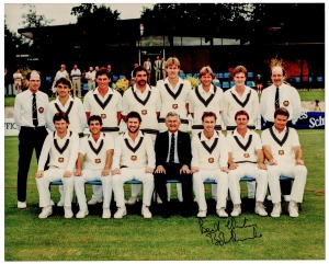 BOB HAWKE: 20.5 x 25cm photograph signed by the Prime Minister depicting him with the 1986 Prime Minister's XI Team at Canberra; the team features Allan Border and Steve Waugh.