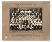 SOUTH MELBOURNE SWANS 1935: Official team photograph by Sidney Riley 246 Queen St. Brisbane, taken following a match versus Collingwood; Bob Pratt and Herbie Matthews feature, among others; mounted on backing card, 30.5 x 37.5cm overall.