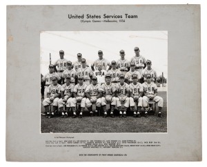 1956 MELBOURNE: DEMONSTRATION SPORT - BASEBALL: Official team photograph titled "United States Services Team, Olympic Games - Melbourne, 1956", mounted on board, 30 x 37cm overall. On the first of December a crowded MCG hosted an 11-5 victory over Australia by an American team drawn from servicemen from the United States Far East Command. Observers noted that the turnout was one of the highest ever recorded for a baseball match to that point.