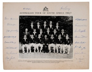 AUSTRALIAN TOUR OF SOUTH AFRICA 1966-67: Official team photograph showing Keith Stackpole seated in middle row, third from right. Player names are printed on mount beneath, with eighteen pen signatures at margins, including Bobby Simpson (Capt.), Bill Lawry, Ian Chappell, Keith Stackpole, Ian Redpath, and tour manager/treasurer Bill Jacobs; size 29 x 37.5cm overall.