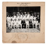 MARYLEBONE CRICKET CLUB v PRIME MINISTER'S XI 1965: Official photograph showing both competing teams, standing outside the Bradman Pavilion at Manuka Oval, Canberra, on Friday 17th December, 1965. Keith Stackpole stands in the middle of the third low, wit