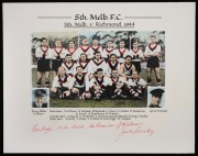 Three photographs (two mounted) bearing the signatures of many 1940s Swans players, including Jack Williams, Bob Matlock, Keith Smith, Jack Sheedy, Ted Whitfield, and others, together with 1948 South Melbourne Football Club "Kia-Ora Sports Parade - Melbou