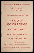 Three photographs (two mounted) bearing the signatures of many 1940s Swans players, including Jack Williams, Bob Matlock, Keith Smith, Jack Sheedy, Ted Whitfield, and others, together with 1948 South Melbourne Football Club "Kia-Ora Sports Parade - Melbou - 4