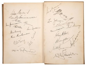 93 · "BRADMAN" by A.G. Moyes, [Sydney : Angus & Robertson, 1948, 1st ed.], 229pp + plates; hardcover; laminated. Accompanied by a fold-out supplement to The Sun News Pictorial of 22 August 1938 titled "DON BRADMAN - The Greatest Cricketer of All Time". (2 items). The book enhanced by the original signature of Don Bradman to the photo plate and on the two blank end papers with the original pen signatures of 22 contemporary Australian Test cricketers, including Keith Miller, Lindsay Hassett, etc