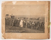 HANDASYDE, Stewart, "Album of Melbourne Cup Winners 1861 - 98", designed and lithographed by Stewart Handasyde, [Melbourne : Mason, Firth & McCutcheon, 1898], oblong quarto, chromolithographed wrappers (with large loss at lower right), 42pp. Includes port - 7