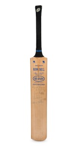 WEST INDIES IN AUSTRALIA 1960-61: A full-size Crockett "Norm O'Neill Australia" souvenir cricket bat produced for the Atlantic Union Oil Company (which merged with "Esso" in 1962), signed in pen by three greats of the West Indies team - Wes Hall, Rohan Kanhai and Garry Sobers.