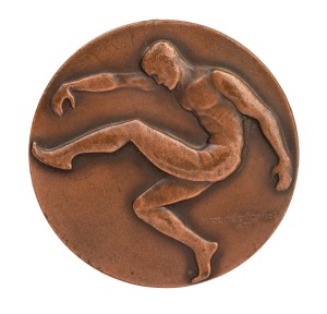 1959 MELBOURNE PREMIERSHIP MEDAL: Presented to Ian Thorogood (named on medal in half back flank position), obverse featuring image of stylised footballer by Andor Meszaros (1900-1972; Meszaros also known for designing the medals for the 1956 Melbourne Olympic Games), reverse showing players' names in their respective positions, surrounded by text "Victorian Football League - Melbourne - Premiers 1959".